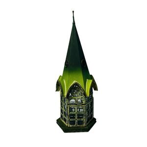 Gothic Green Metal Lantern Candle Holder Glass Windows Steeple Architectural 12"